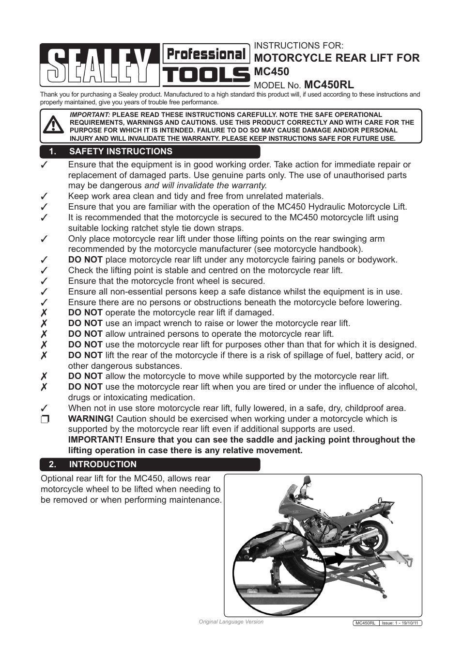 Sealey MC450RL User Manual | 2 pages