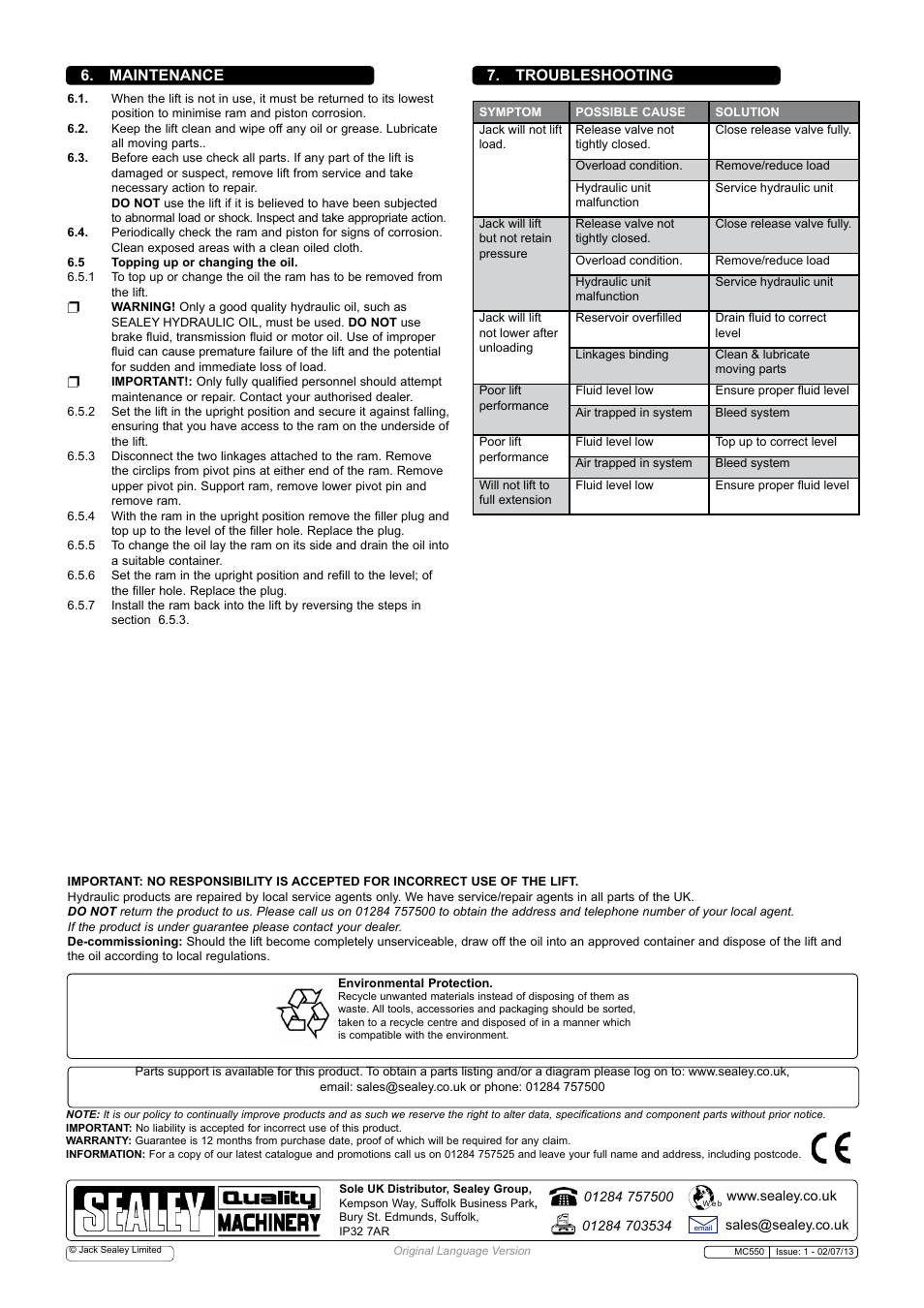 Maintenance 7. troubleshooting | Sealey MC550 User Manual | Page 4 / 4