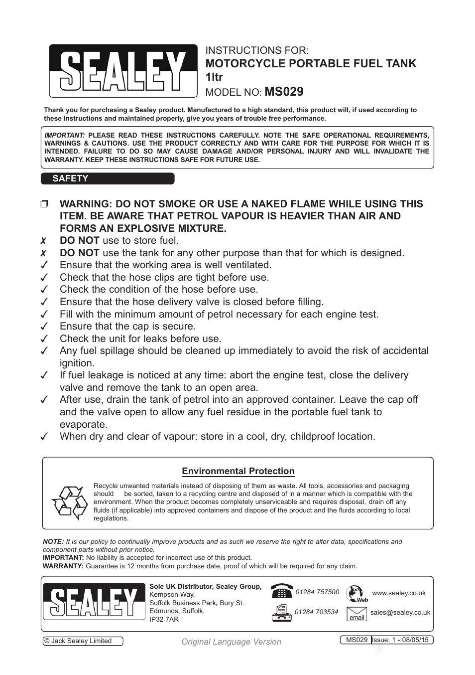 Sealey MS029 User Manual | 1 page