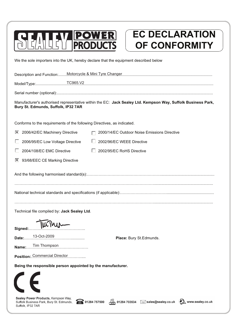 Ec declaration of conformity | Sealey TC965 User Manual | Page 5 / 6