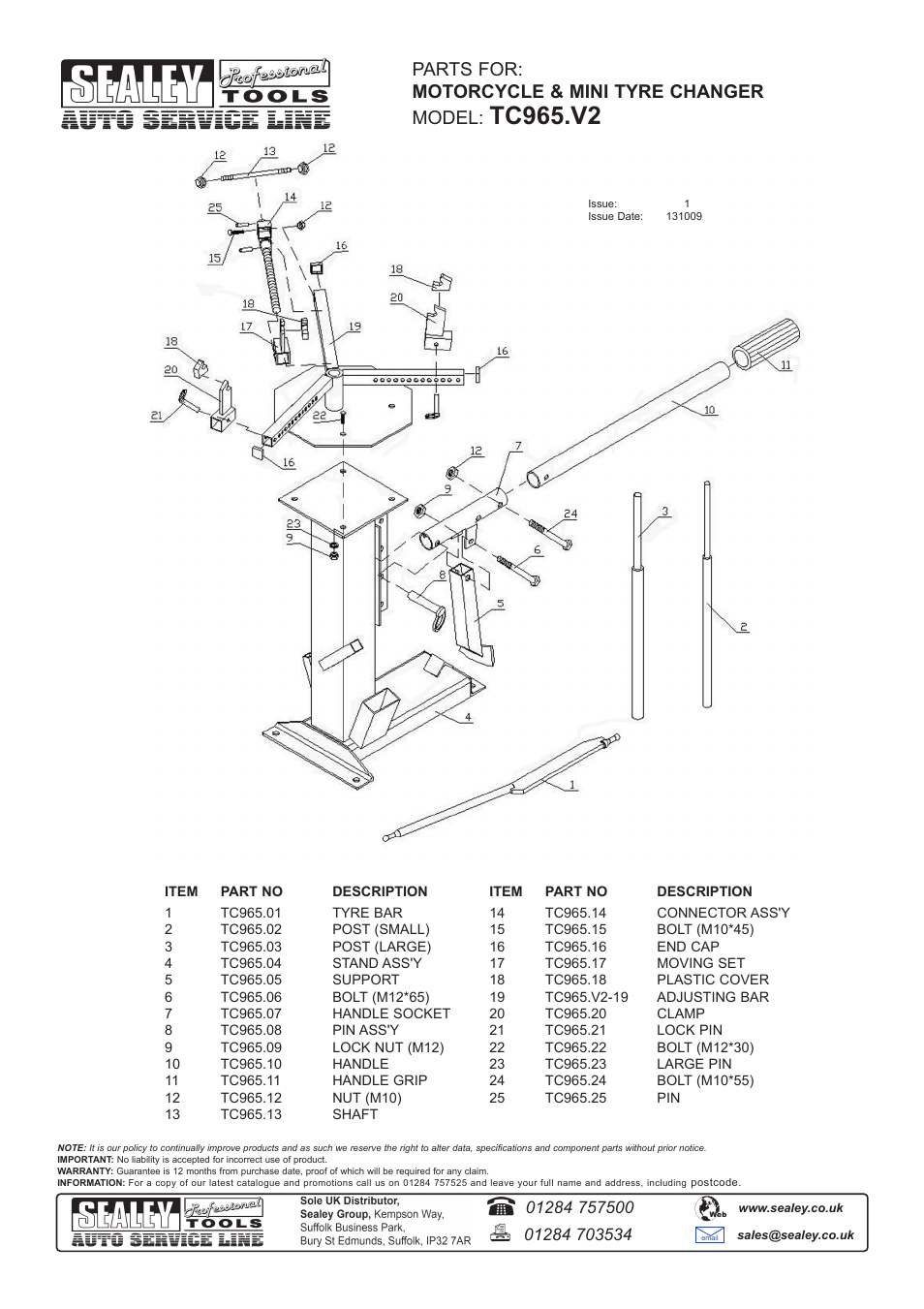 Tc965.v2, Parts for: motorcycle & mini tyre changer model | Sealey TC965 User Manual | Page 6 / 6