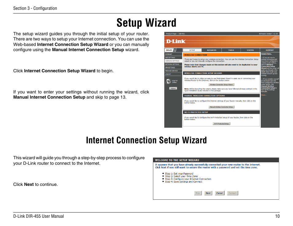 Setup wizard, Internet connection setup wizard | D-Link DIR-455 User Manual | Page 14 / 93