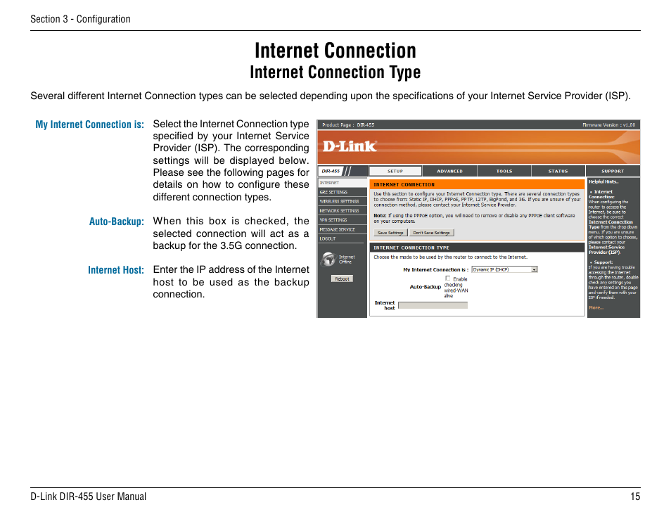 Internet connection, Internet connection type | D-Link DIR-455 User Manual | Page 19 / 93