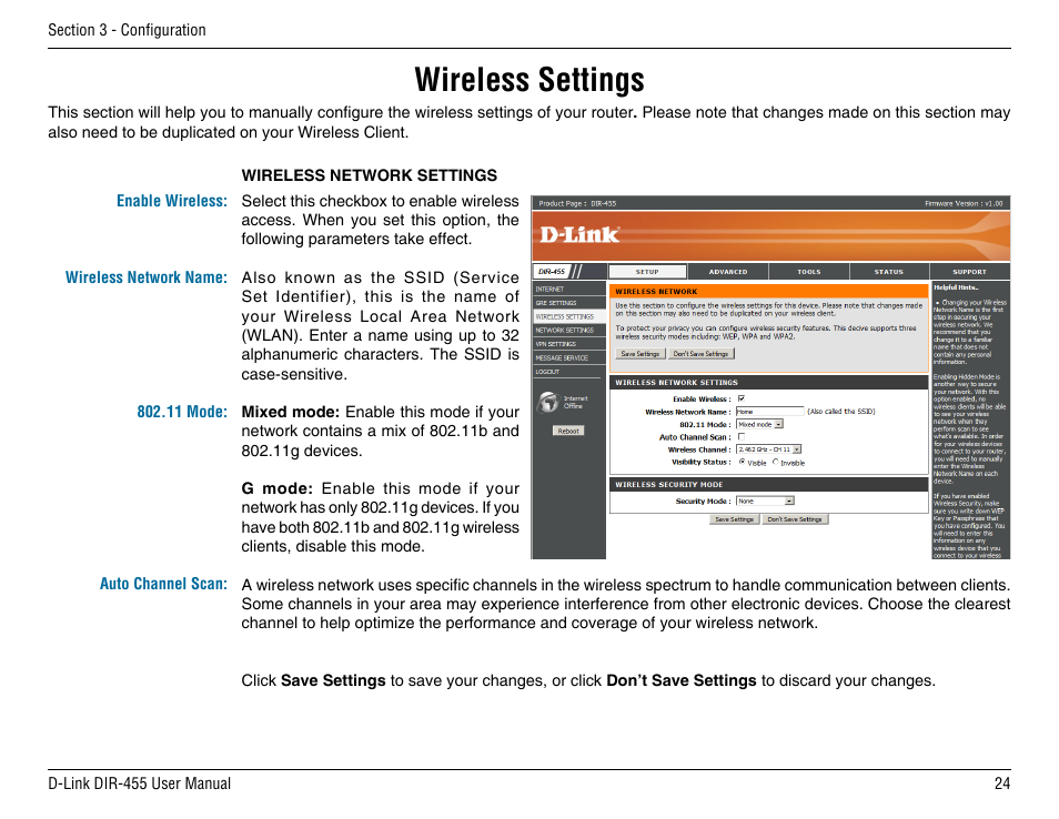 Wireless settings | D-Link DIR-455 User Manual | Page 28 / 93
