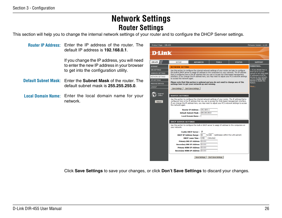 Network settings, Router settings | D-Link DIR-455 User Manual | Page 30 / 93