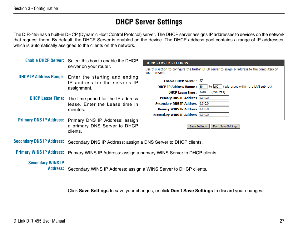 Dhcp server settings | D-Link DIR-455 User Manual | Page 31 / 93