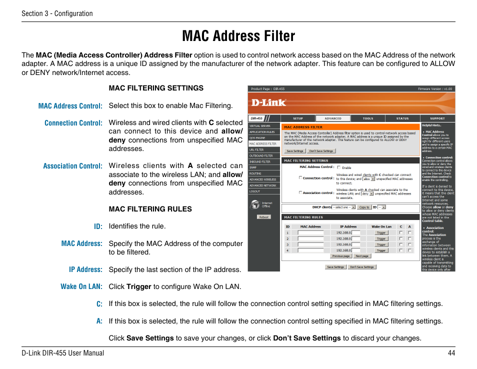 Mac address filter | D-Link DIR-455 User Manual | Page 48 / 93
