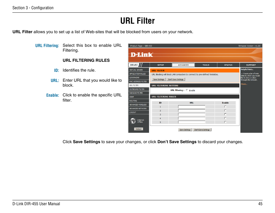 Url filter | D-Link DIR-455 User Manual | Page 49 / 93