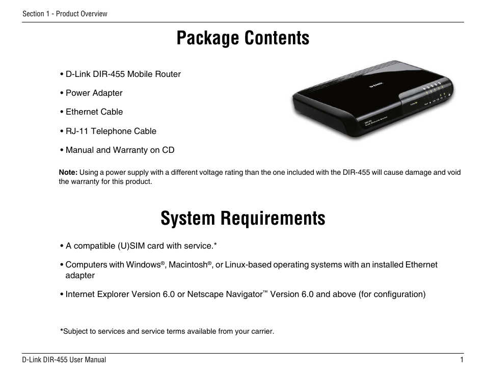 Product overview, System requirements, Package contents | D-Link DIR-455 User Manual | Page 5 / 93