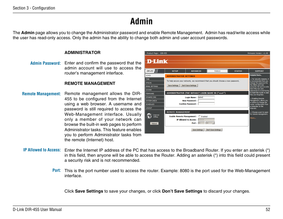Admin | D-Link DIR-455 User Manual | Page 56 / 93