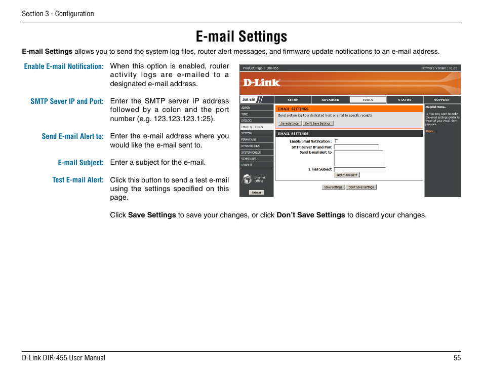 E-mail settings | D-Link DIR-455 User Manual | Page 59 / 93
