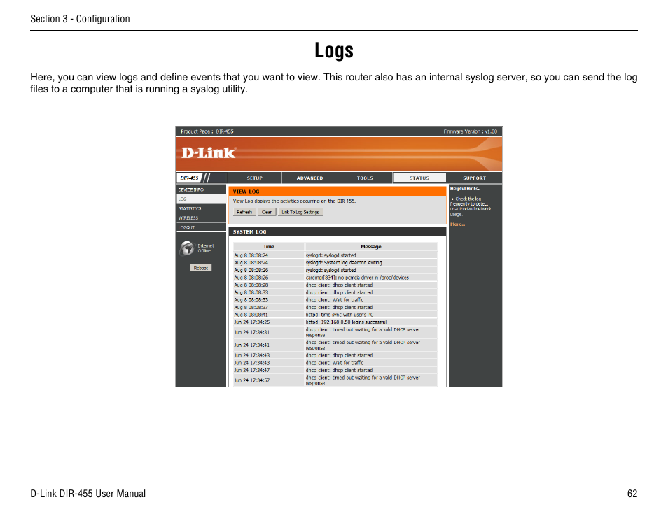 Logs | D-Link DIR-455 User Manual | Page 66 / 93