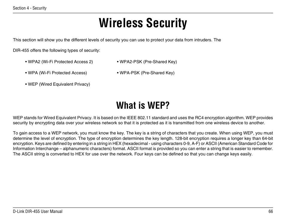 Wireless security, What is wep | D-Link DIR-455 User Manual | Page 70 / 93