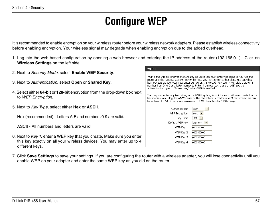 Configure wep | D-Link DIR-455 User Manual | Page 71 / 93