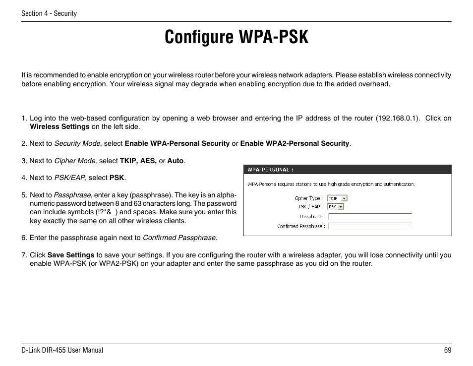 Configure wpa-psk | D-Link DIR-455 User Manual | Page 73 / 93