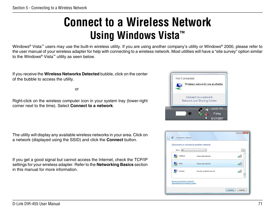 Connect to a wireless network, Using windows vista | D-Link DIR-455 User Manual | Page 75 / 93