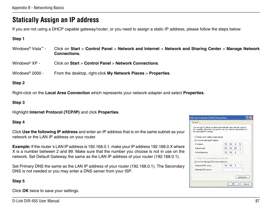 Statically assign an ip address | D-Link DIR-455 User Manual | Page 91 / 93