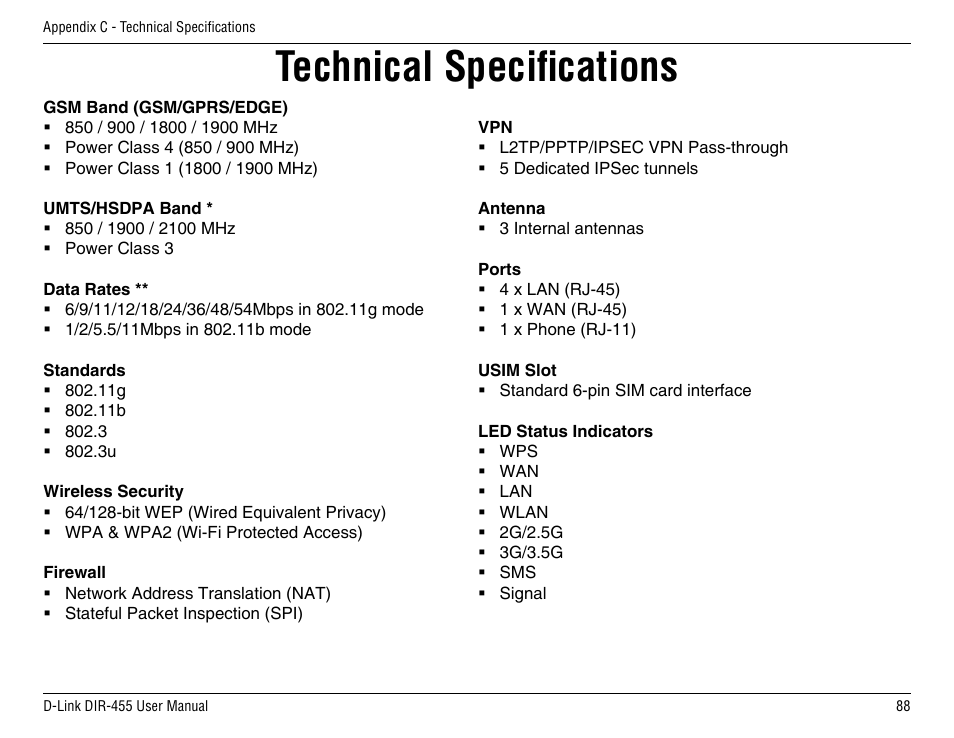Technical specifications | D-Link DIR-455 User Manual | Page 92 / 93