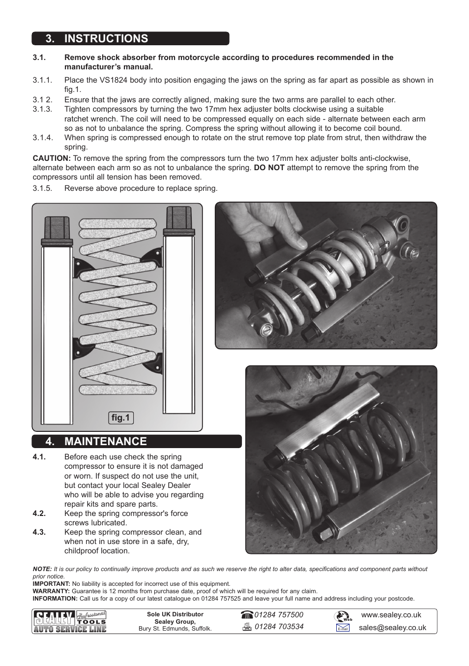 Maintenance 3. instructions | Sealey VS1824 User Manual | Page 2 / 2