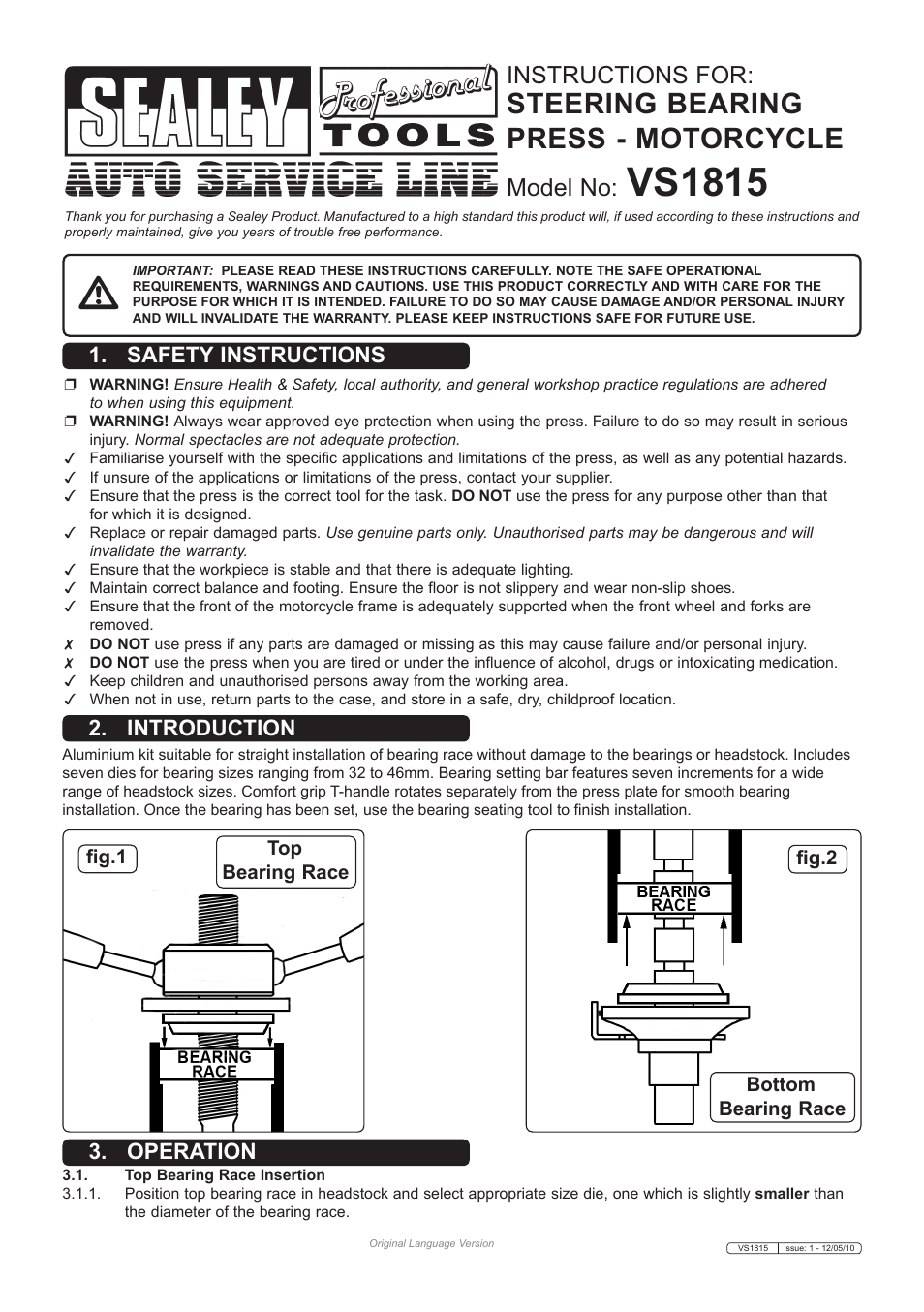 Sealey VS1815 User Manual | 2 pages