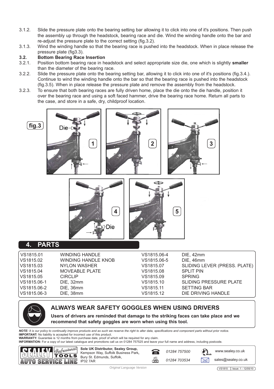 Parts, Always wear safety goggles when using drivers | Sealey VS1815 User Manual | Page 2 / 2