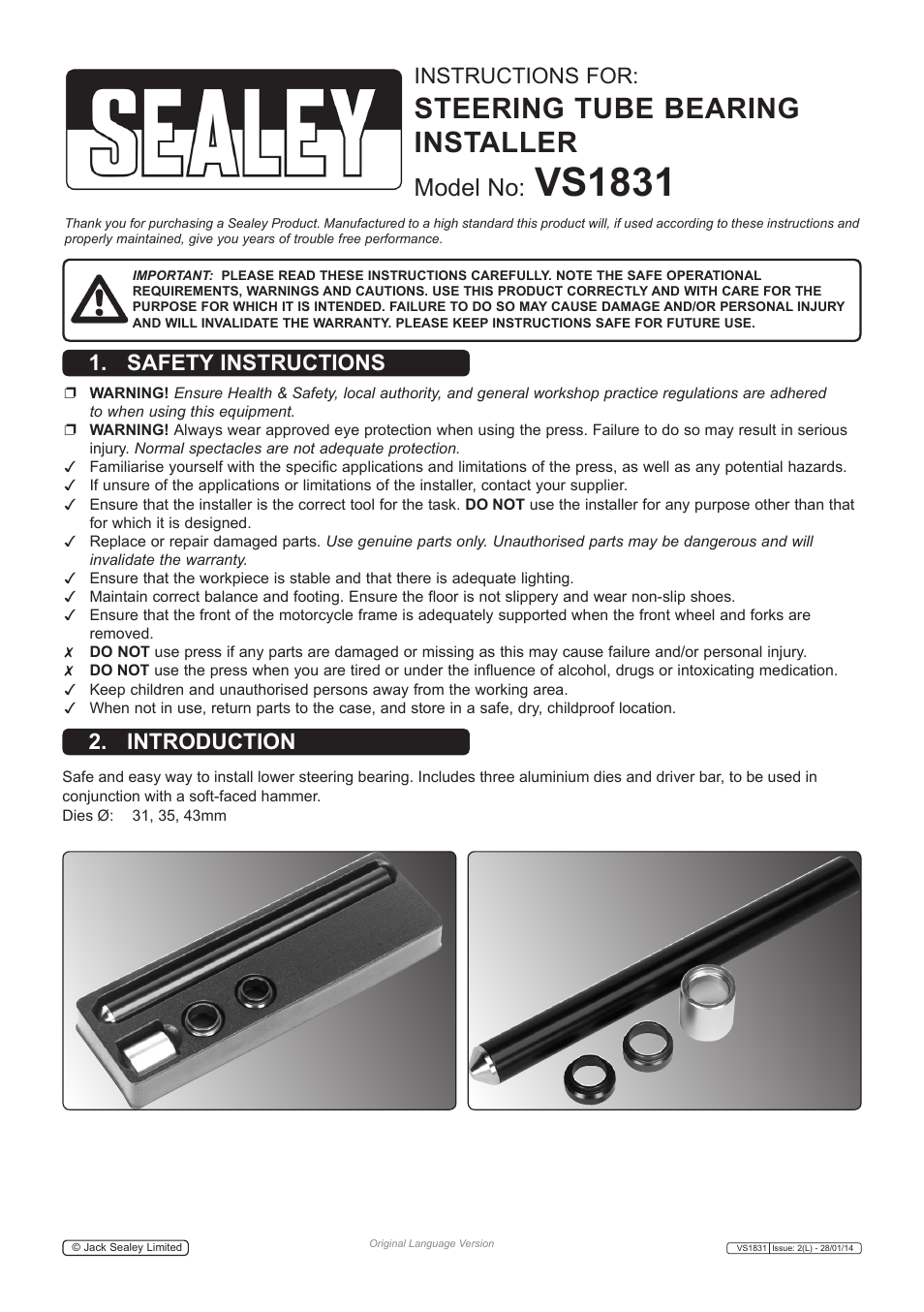 Sealey VS1831 User Manual | 2 pages