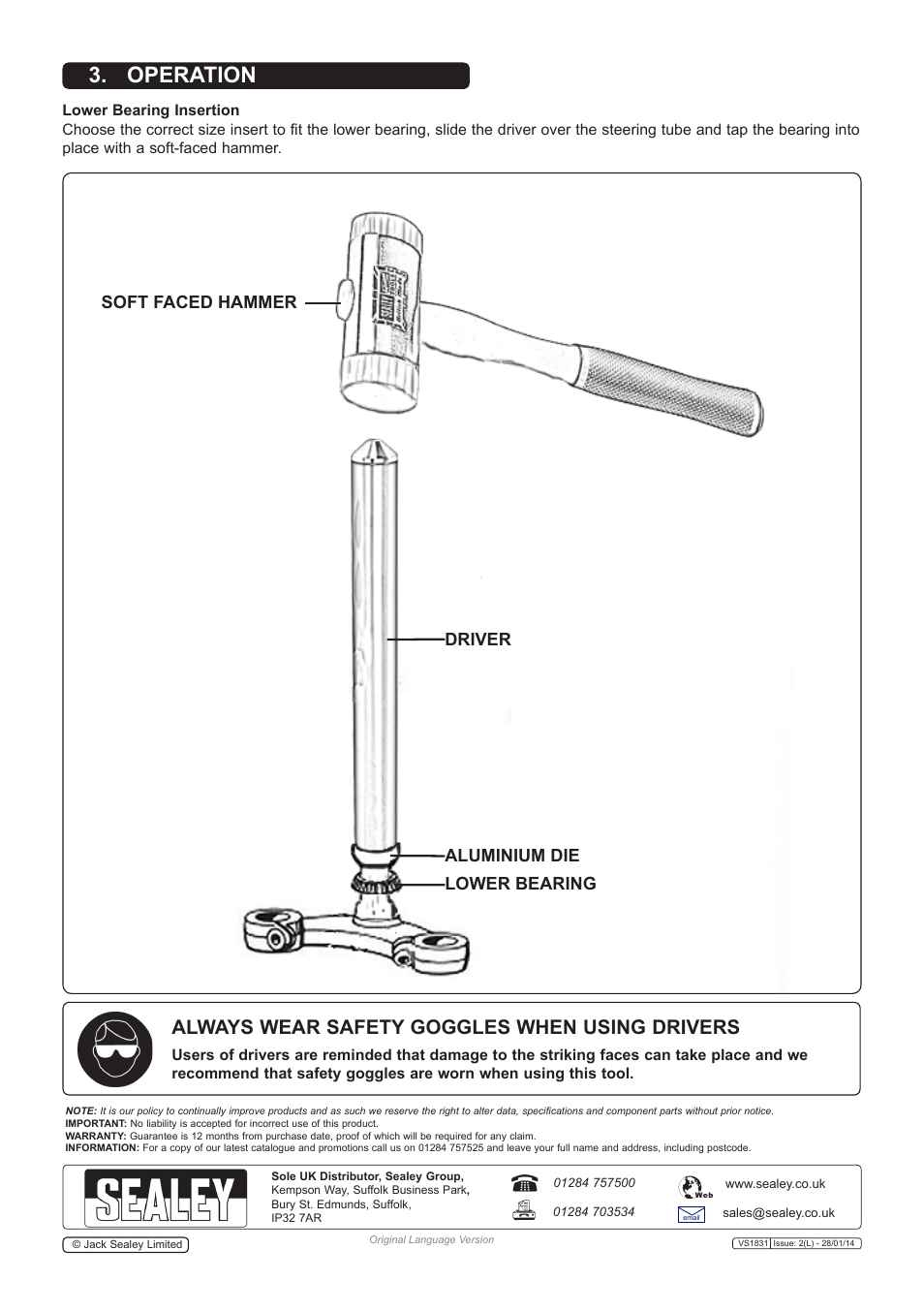 Operation, Always wear safety goggles when using drivers | Sealey VS1831 User Manual | Page 2 / 2