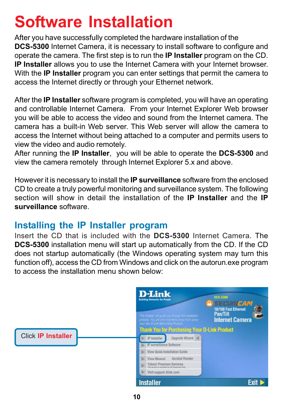 Software installation, Installing the ip installer program | D-Link DCS-5300 User Manual | Page 10 / 109