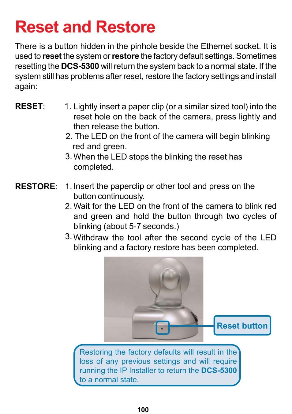 Reset and restore | D-Link DCS-5300 User Manual | Page 100 / 109