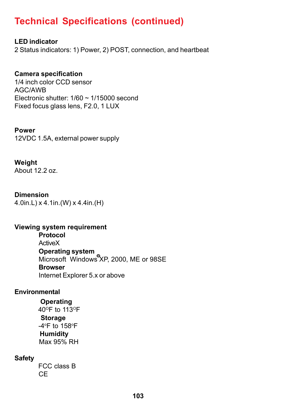 Technical specifications (continued) | D-Link DCS-5300 User Manual | Page 103 / 109