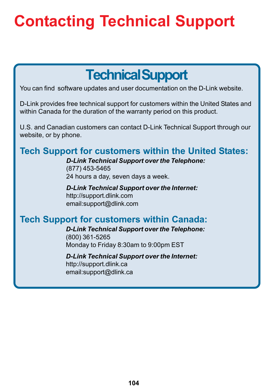 Contacting technical support, Technical support | D-Link DCS-5300 User Manual | Page 104 / 109