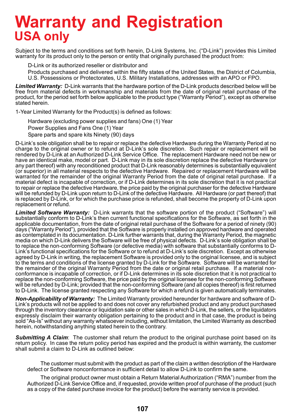 Warranty and registration, Usa only | D-Link DCS-5300 User Manual | Page 107 / 109