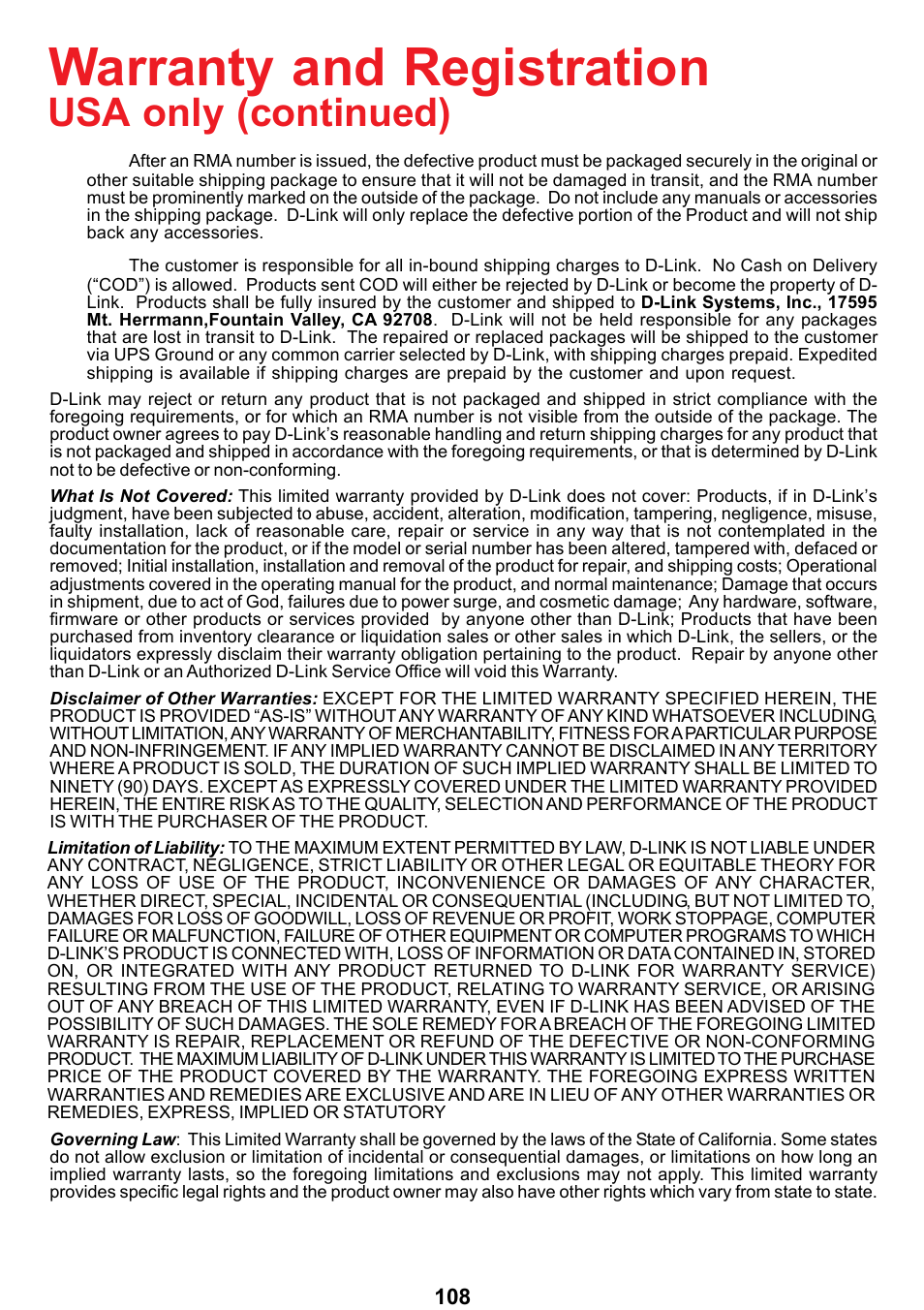 Warranty and registration, Usa only (continued) | D-Link DCS-5300 User Manual | Page 108 / 109