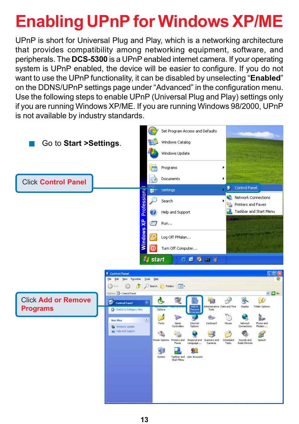 Enabling upnp for windows xp/me | D-Link DCS-5300 User Manual | Page 13 / 109
