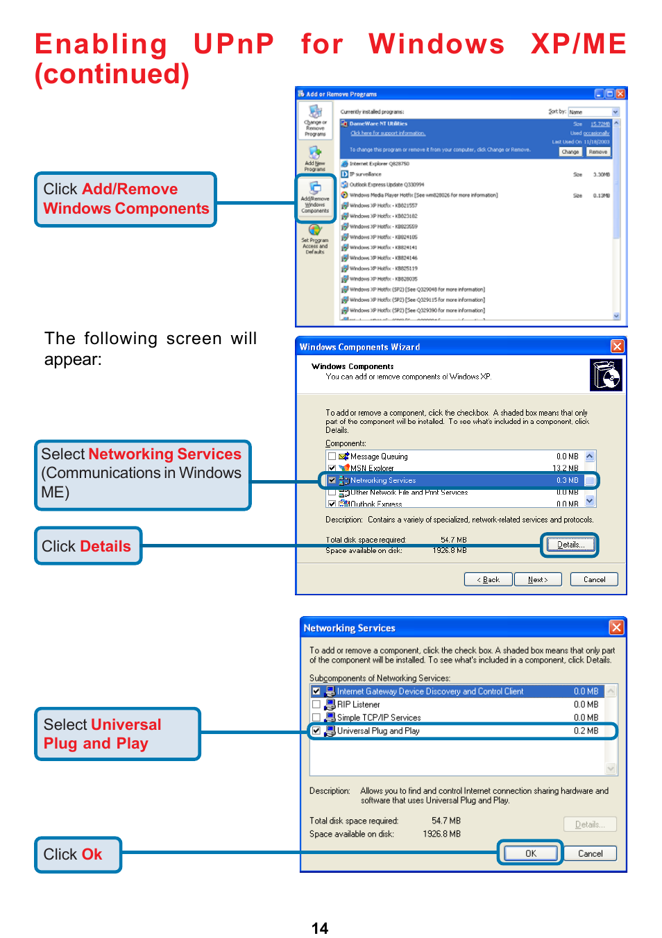 Enabling upnp for windows xp/me (continued) | D-Link DCS-5300 User Manual | Page 14 / 109