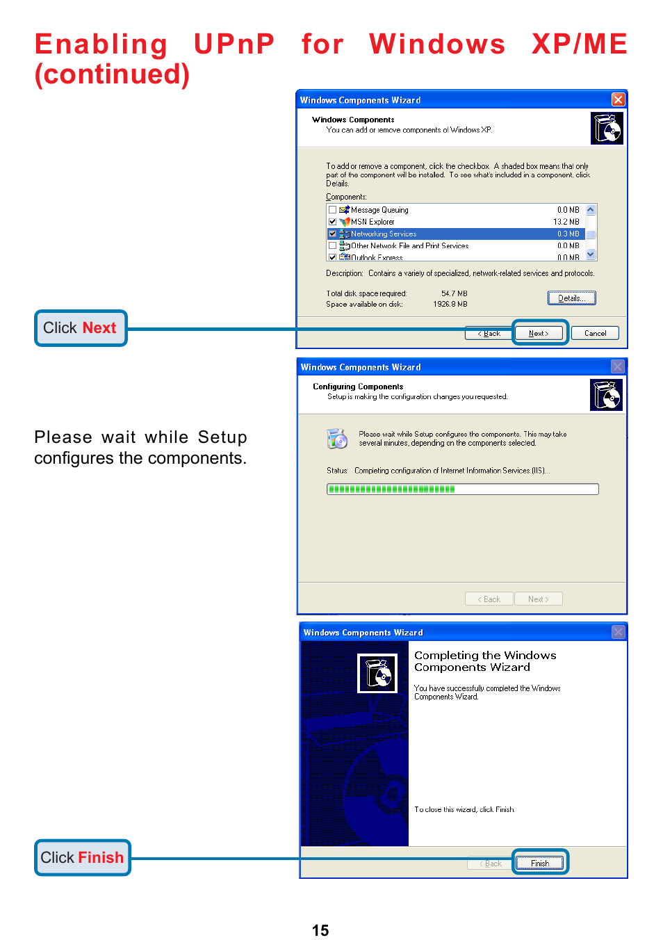 Enabling upnp for windows xp/me (continued) | D-Link DCS-5300 User Manual | Page 15 / 109