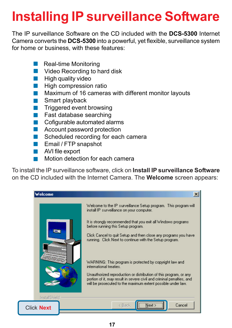 Installing ip surveillance software | D-Link DCS-5300 User Manual | Page 17 / 109