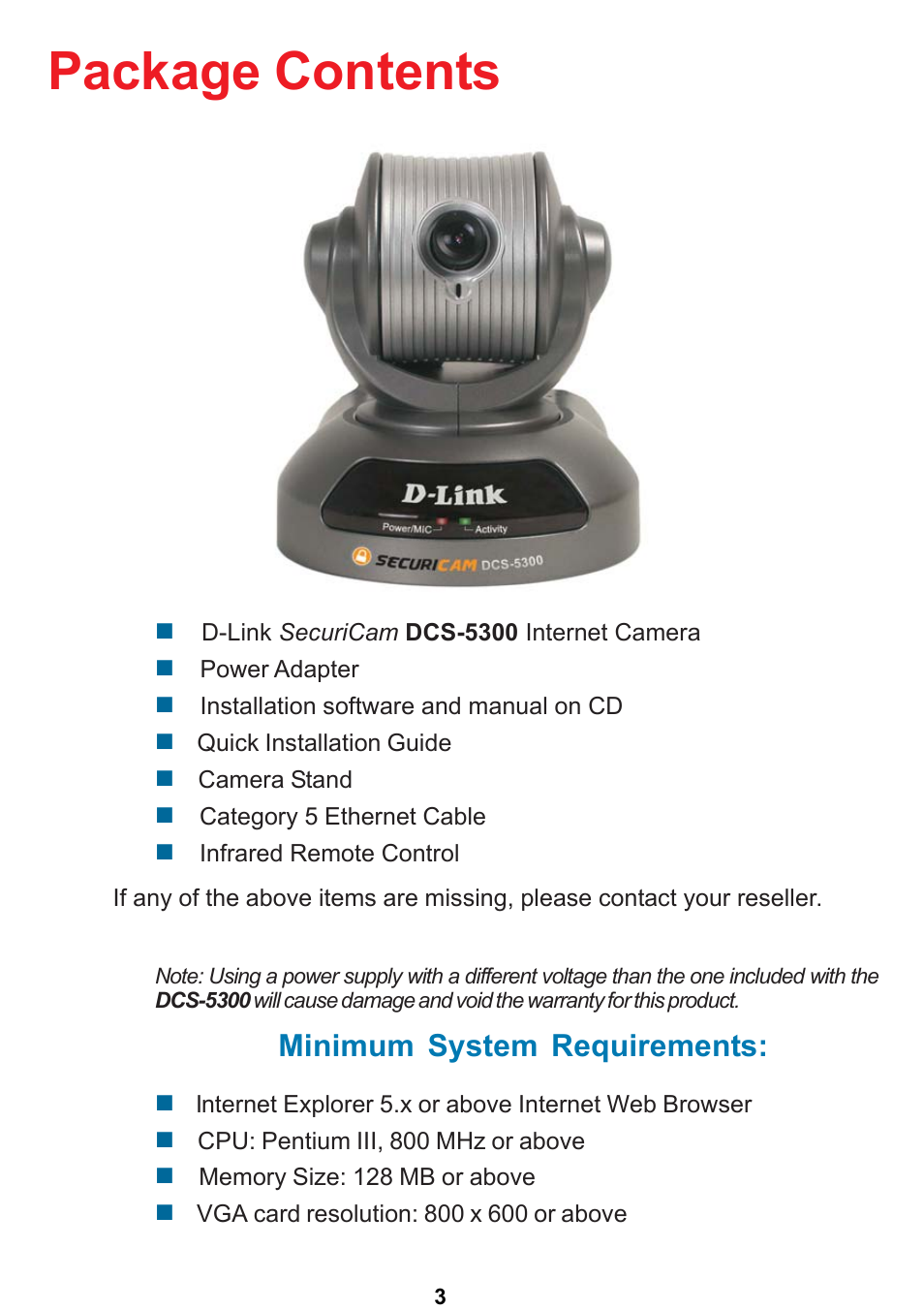 Package contents, Minimum system requirements | D-Link DCS-5300 User Manual | Page 3 / 109