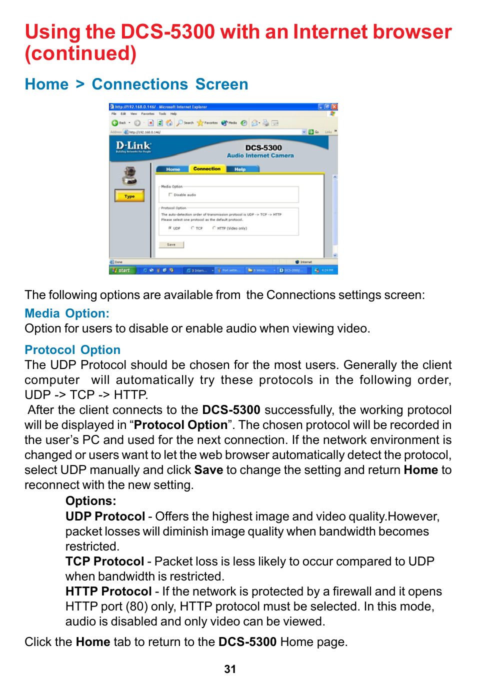 Home > connections screen | D-Link DCS-5300 User Manual | Page 31 / 109