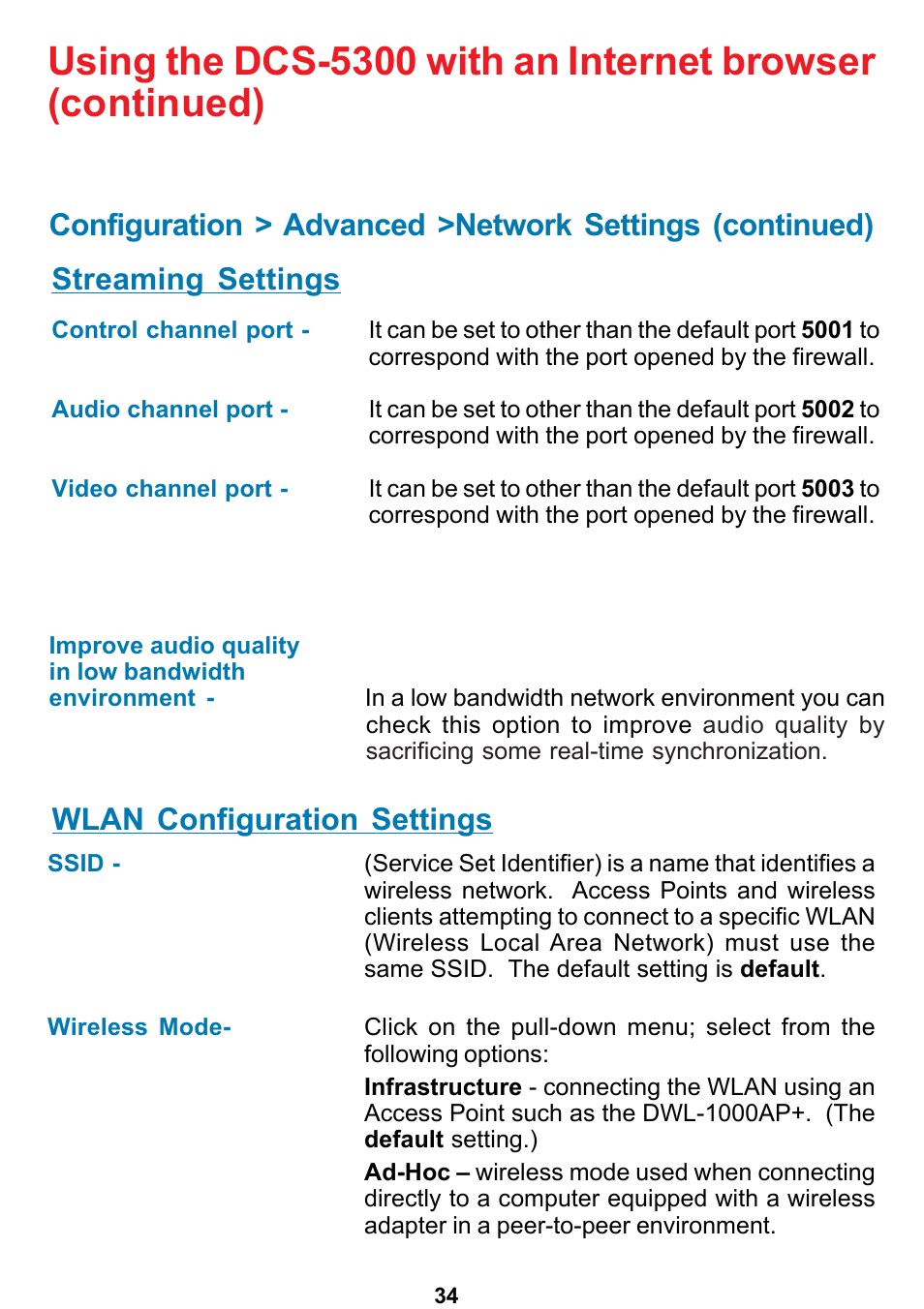 Streaming settings, Wlan configuration settings | D-Link DCS-5300 User Manual | Page 34 / 109