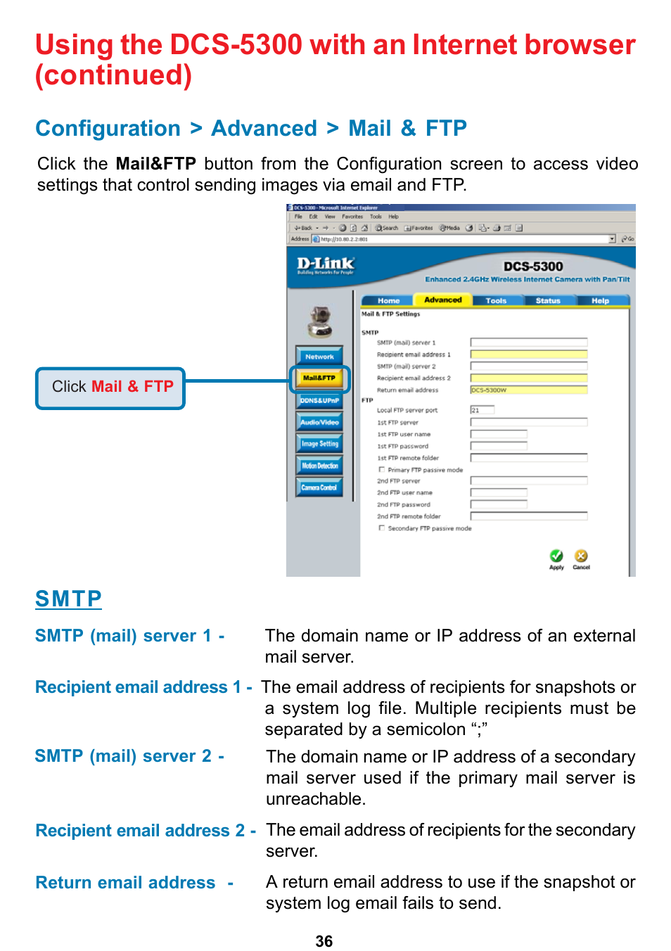 Configuration > advanced > mail & ftp, Smtp | D-Link DCS-5300 User Manual | Page 36 / 109