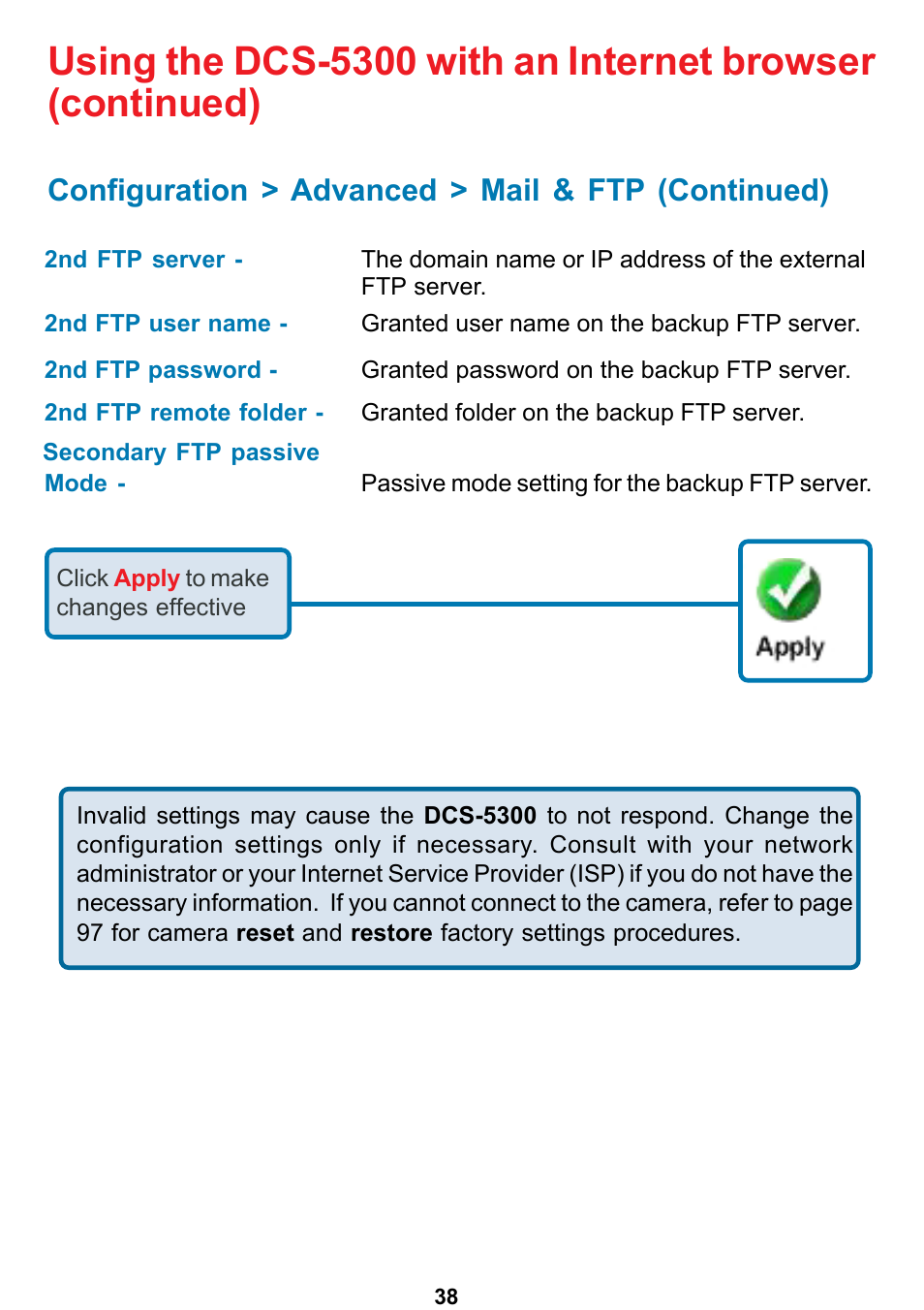 Configuration > advanced > mail & ftp (continued) | D-Link DCS-5300 User Manual | Page 38 / 109