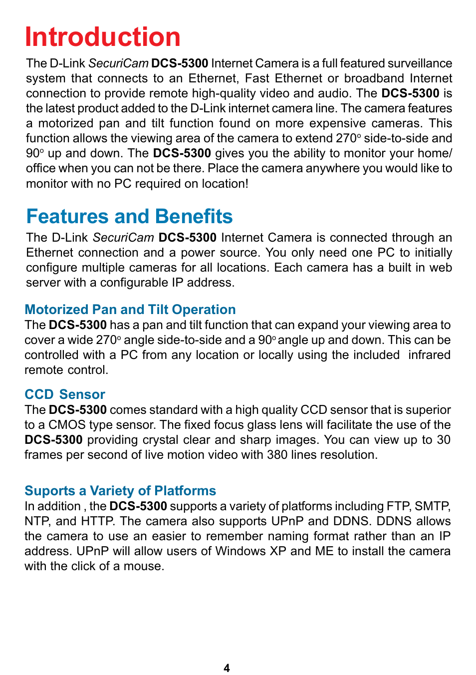 Introduction, Features and benefits | D-Link DCS-5300 User Manual | Page 4 / 109