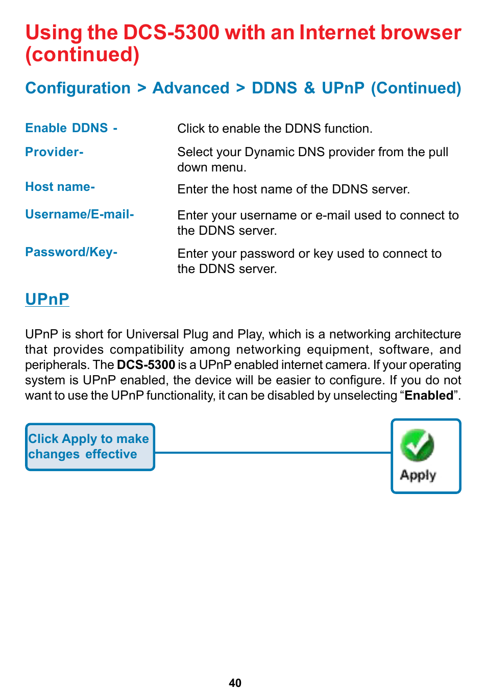 Configuration > advanced > ddns & upnp (continued), Upnp | D-Link DCS-5300 User Manual | Page 40 / 109