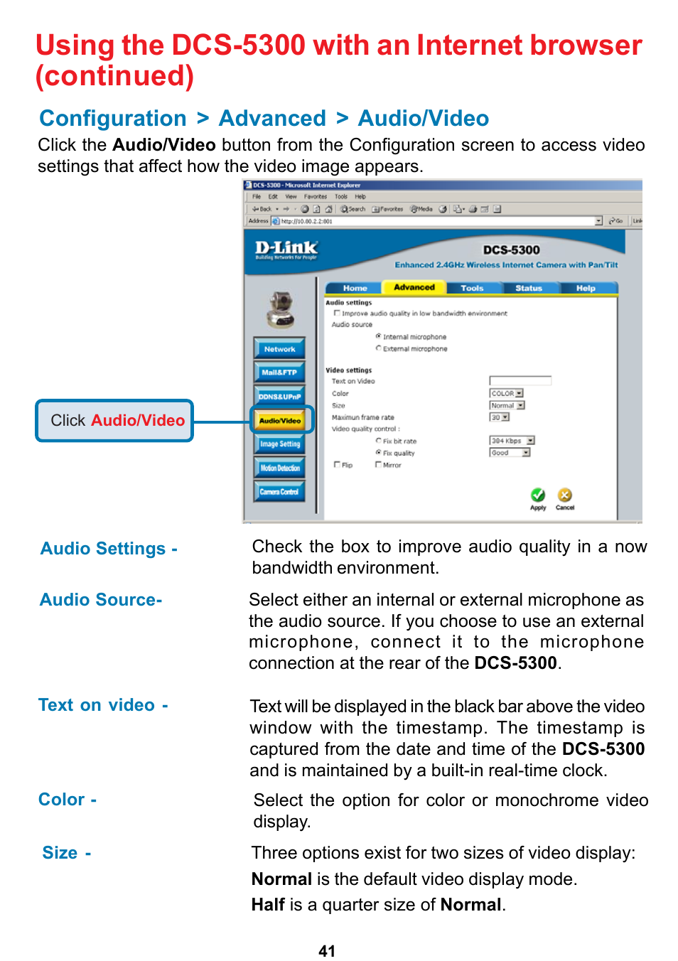 Configuration > advanced > audio/video | D-Link DCS-5300 User Manual | Page 41 / 109