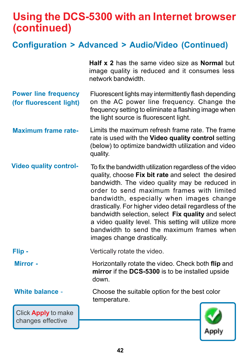 Configuration > advanced > audio/video (continued) | D-Link DCS-5300 User Manual | Page 42 / 109