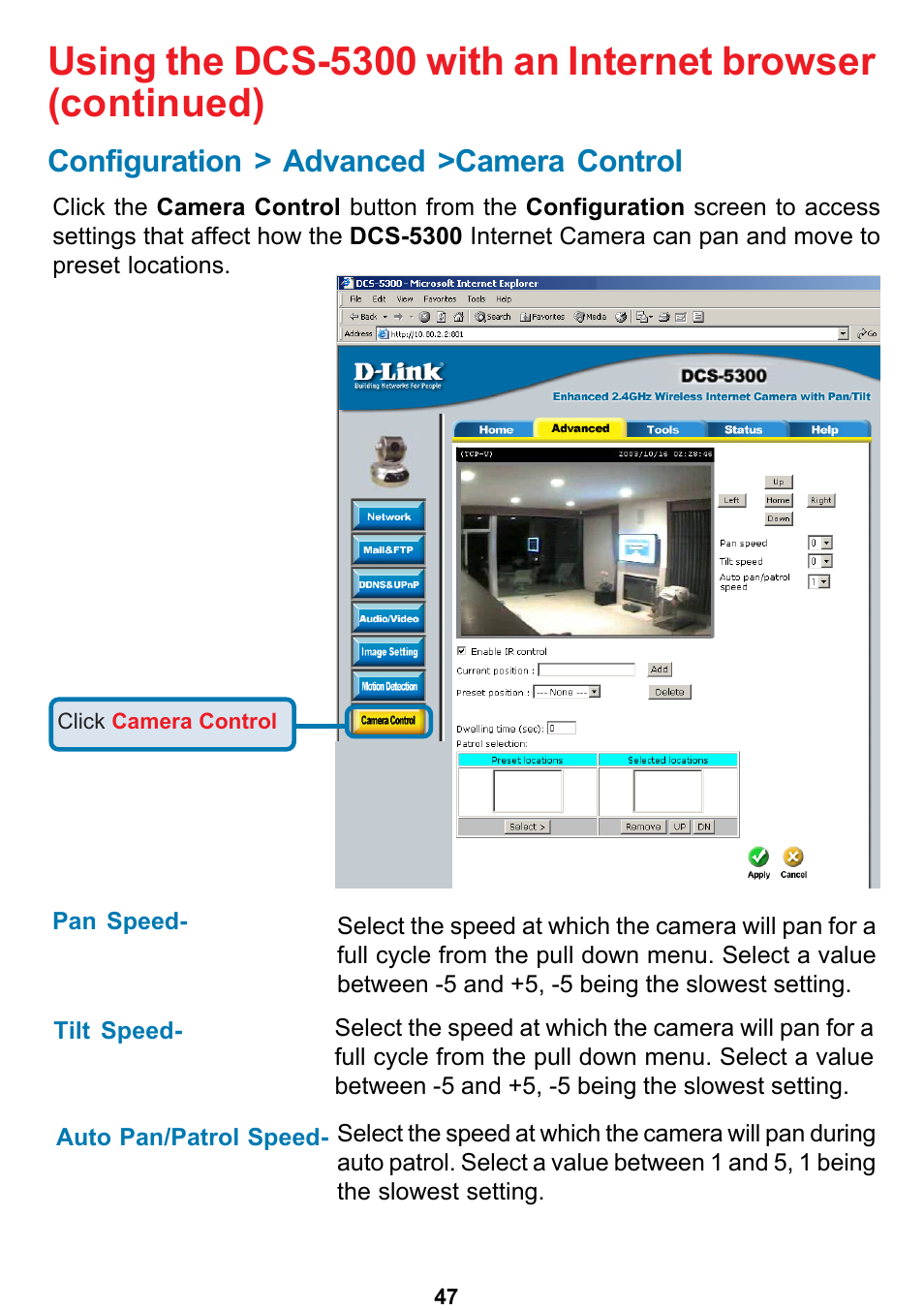 Configuration > advanced >camera control | D-Link DCS-5300 User Manual | Page 47 / 109