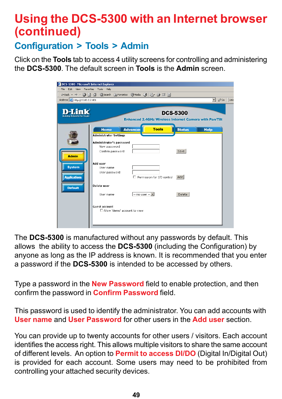 Configuration > tools > admin | D-Link DCS-5300 User Manual | Page 49 / 109