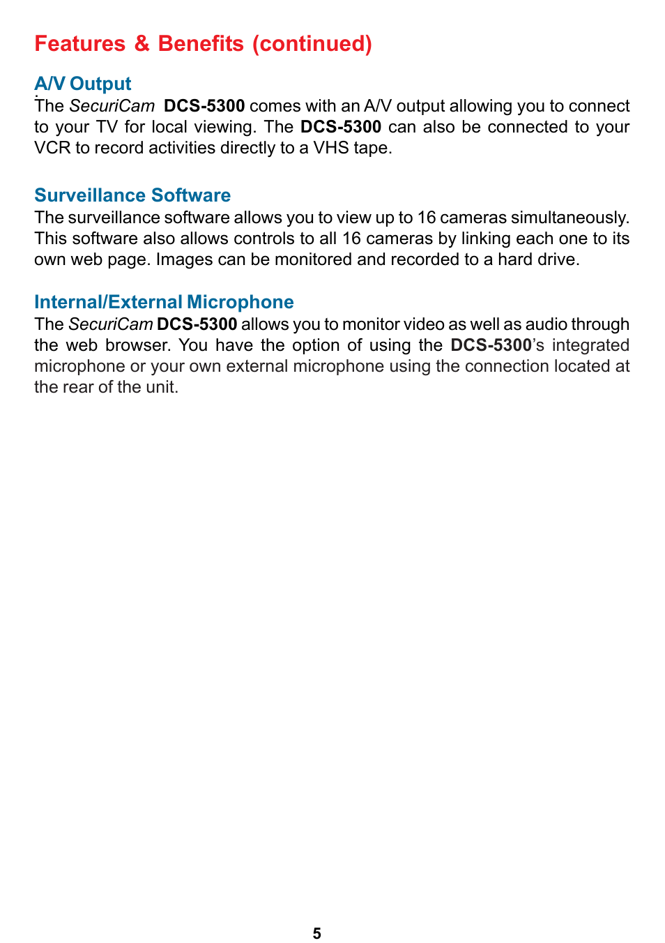 Features & benefits (continued) | D-Link DCS-5300 User Manual | Page 5 / 109