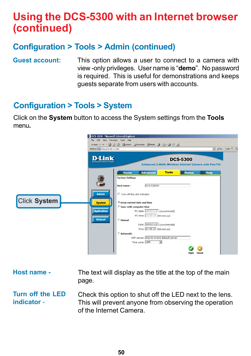 Configuration > tools > admin (continued), Configuration > tools > system | D-Link DCS-5300 User Manual | Page 50 / 109